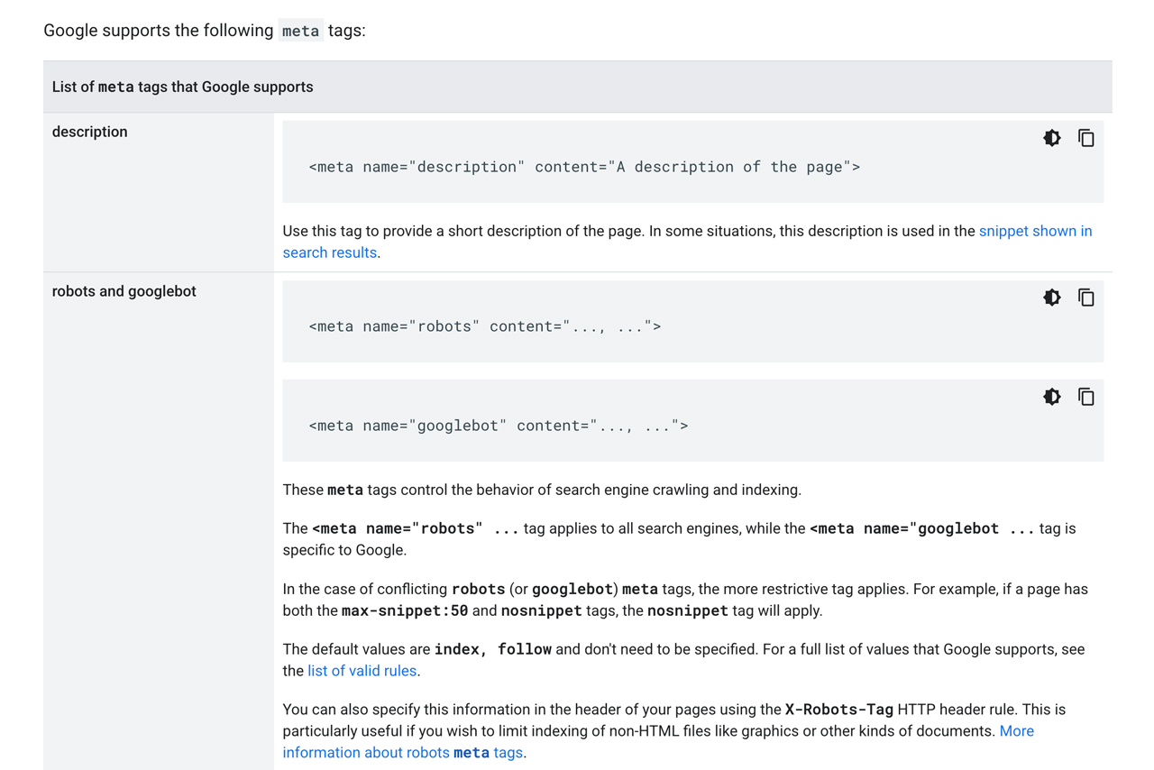 google supported meta tags